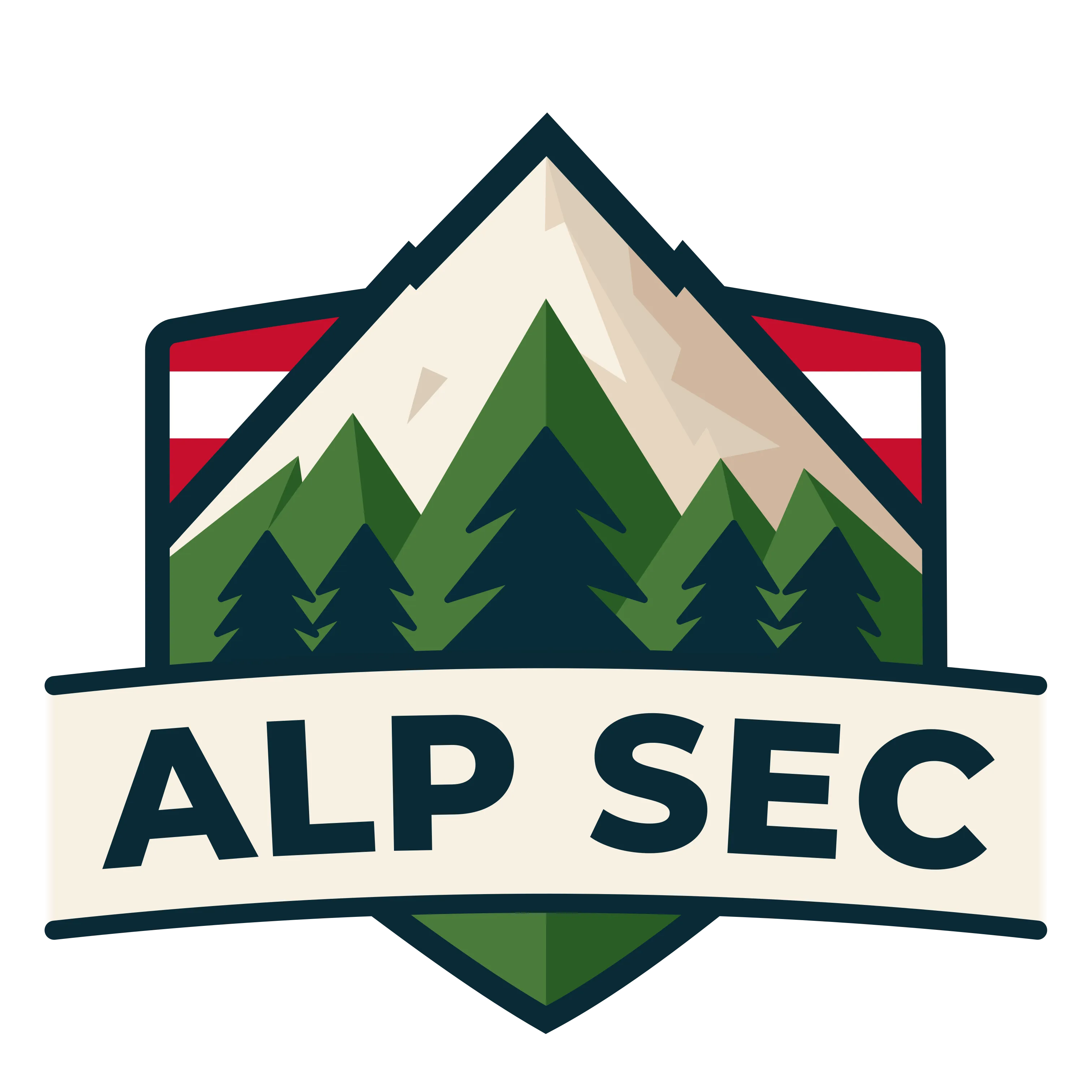 Ein Berg mit Bäumen hinter einer österreichischen Flagge. Davor der Schriftzug Alpsec.